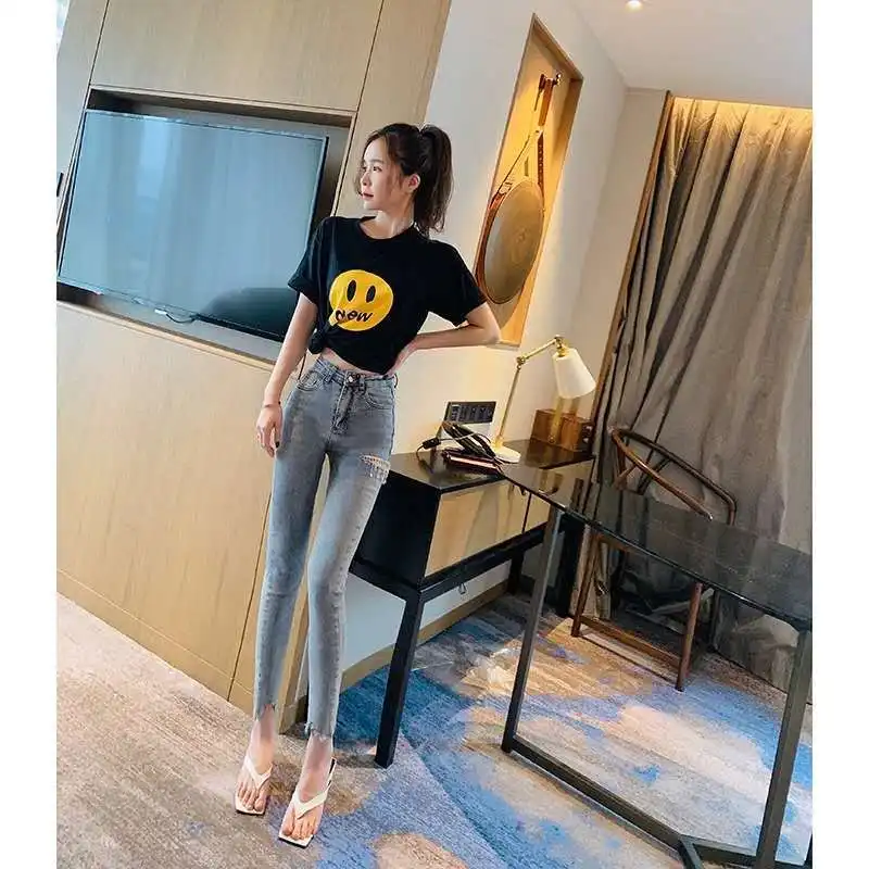 Nine-point Pants Women Solid Trouser Blue Hold Jeans Sexy Beading Women's Summer 2024 New All-match High Waist Stretch Pants