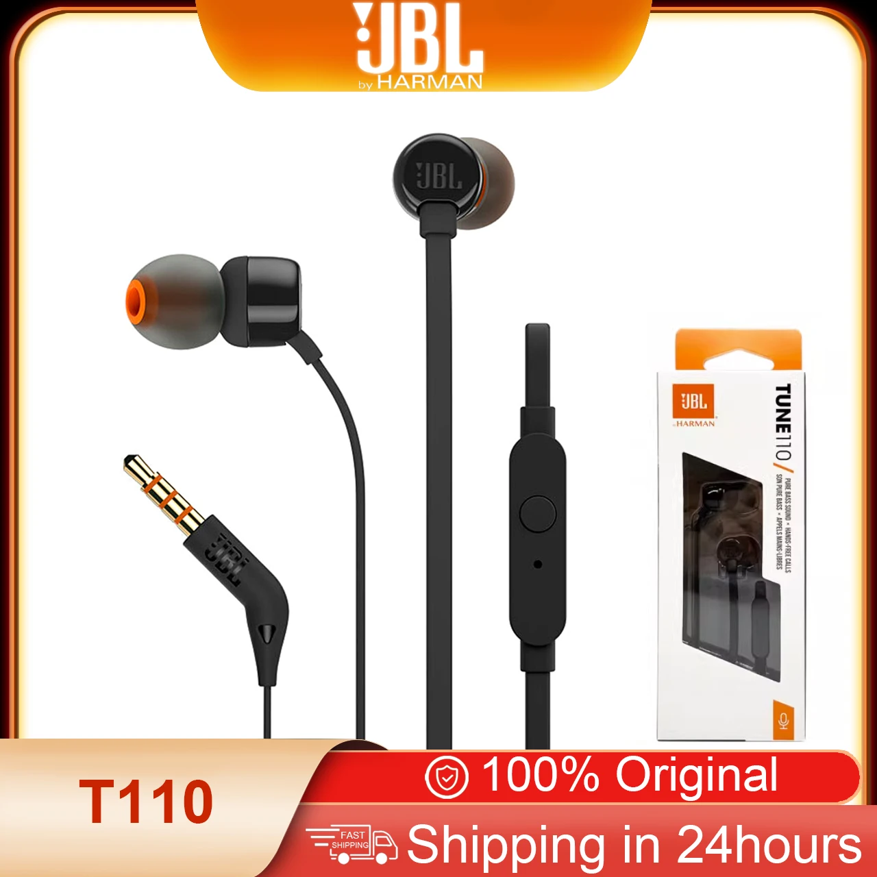 Original JBL T110 3.5mm Wired Earphones Stereo Bass Earbuds TUNE110