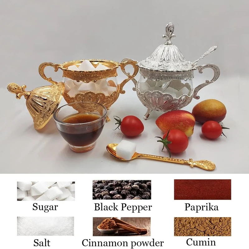 Sugar Bowl Sugar Bowl With Lid And Spoon Metal And Glass Sugar Container For Cube Powder Spice Condiment Container Salt Server spice container sugar bowl