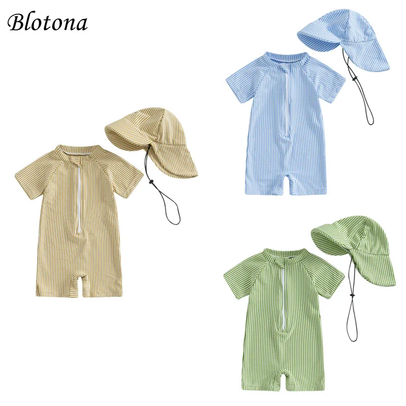 Blotona Toddler Boy Striped Swimsuit Short Sleeve Half Zipper Non-Pilling Rash Guard Swimwear Sunhat Set