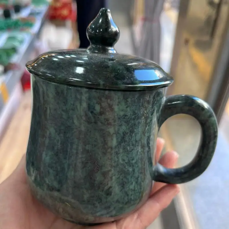 Natural Jade Teacup Mug With Handle And Lid Genuine Jades Stone Milk Mug Water Cups Health Gongfu Teaware