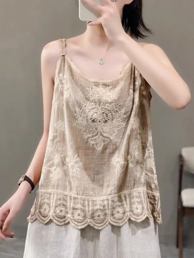 Retro Artistic Sle Embroidered Lace Tank Top Women's Summer Slimming Loose Svel Vest Versatile Casual Floral Pattern