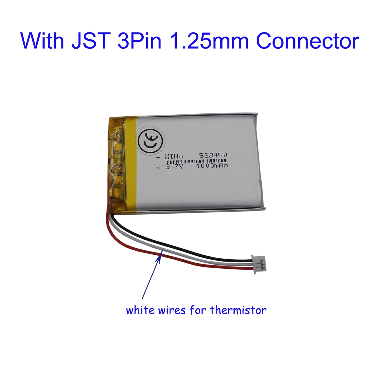 Batteria Li-Po 3.7V 1000mAh Con NTC E JST 3 Pin – Modello 523450 Per GPS E DashCam
