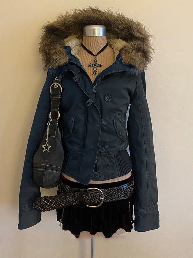 Faionable Vintage Brown Fce Lined Jaet Women's Slimming Outerwear f Sp Girl Original Design Hat Attached Zipper ...