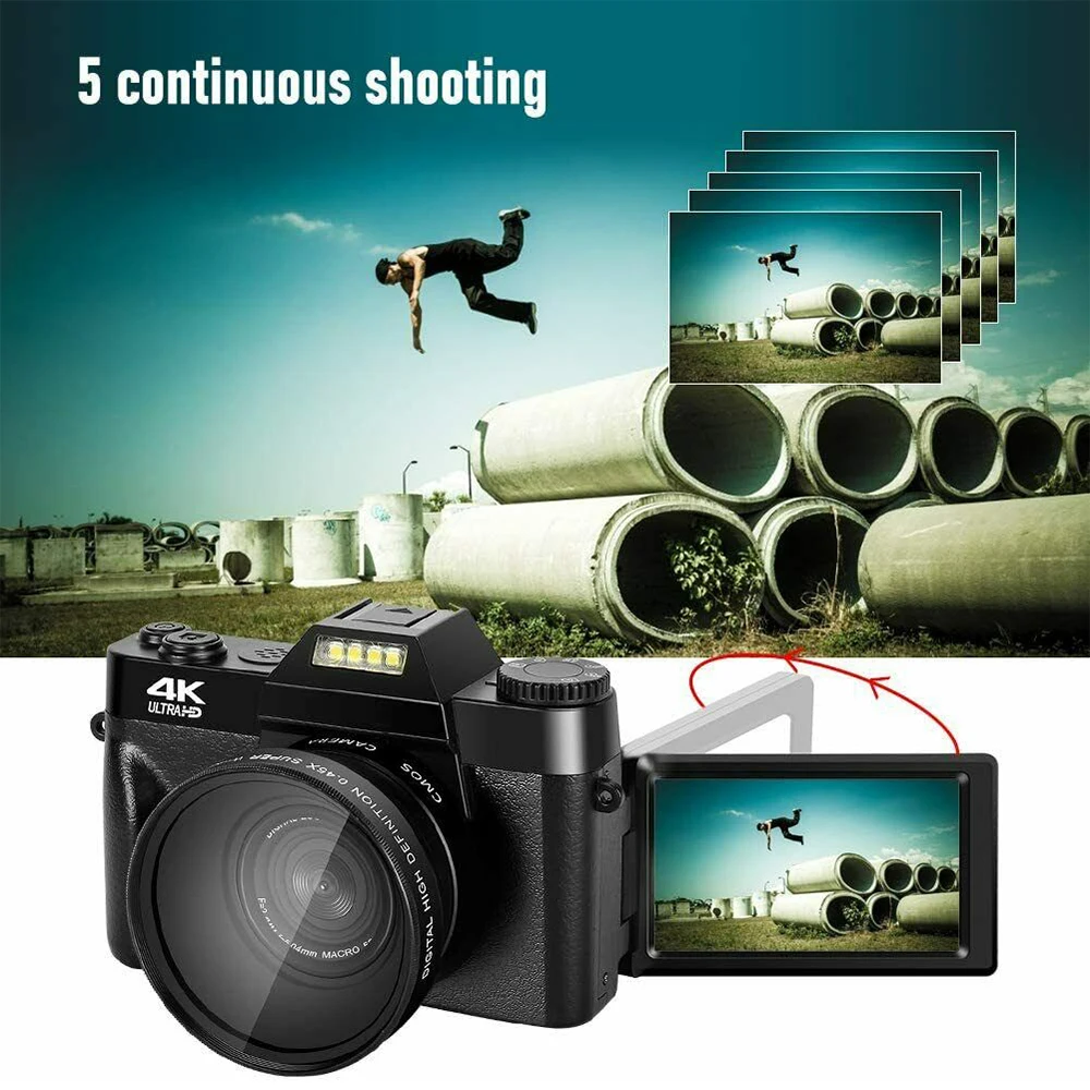 Digital Camera 4K Full HD 3inch 48MP 30FPS WIFI 16X Digital Zoom Flip Screen Auto focus Professional Camcorder W/Wide Angle Lens