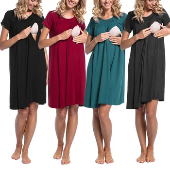 Maternity Nursing Dress Short Sleeve Side Openings Breastfeeding Hospital Gown for Delivery
