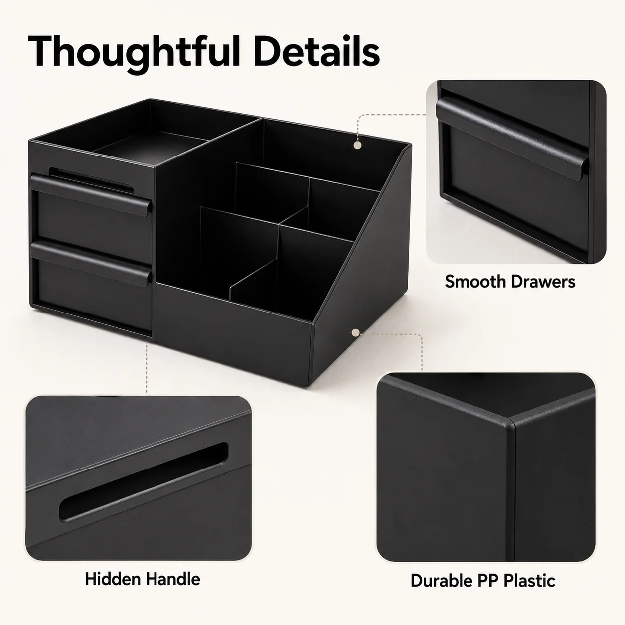 Sleek Black Cosmetic Storage Organizer with Drawers and Lipstick Holder