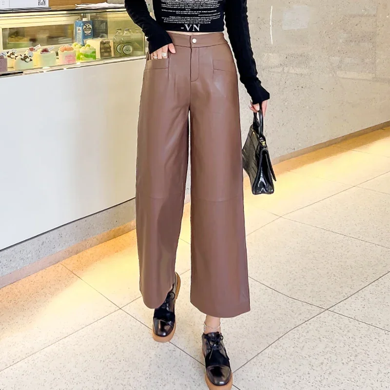 

Genuine Leather Pants for Women Solid Color High Waist Pants Korean Fashion Wide Leg Pants Women Sheepskin Trousers Nine-point