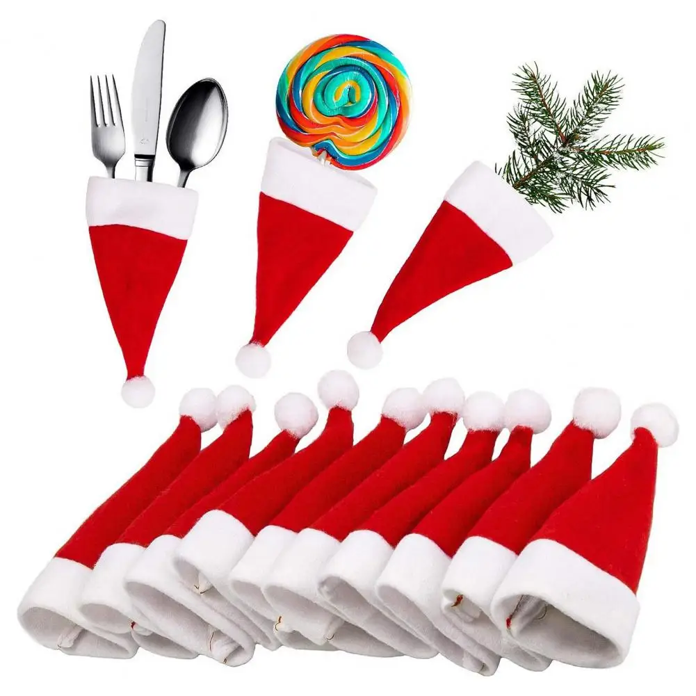 10Pcs Mini Santa Hat Wine Bottle Covers Plush Christmas Tableware Holder Velvet Lollipop Caps Xmas Party Decoration