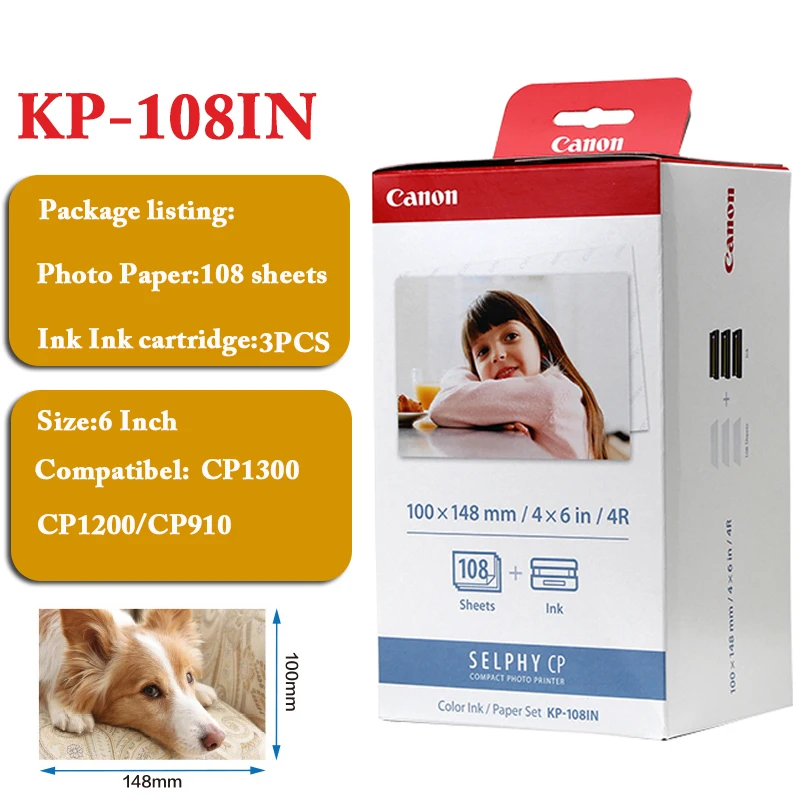 

Original CANON KP-108IN 100*148mm(6 inch) sheets and 3 Ink Cartridge for Canon Selphy Photo Printer CP800 CP910 CP1200 CP1300