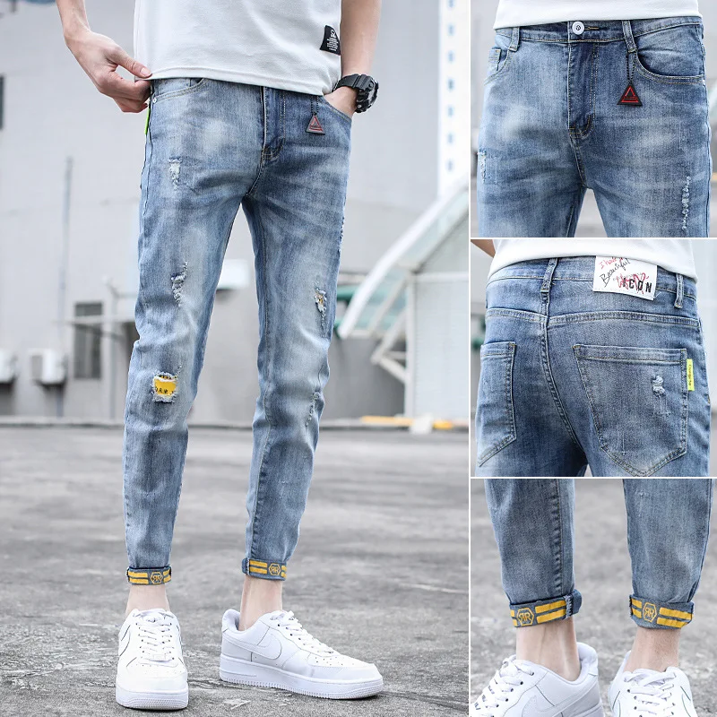 

Fashion Cropped Jeans Men Spring Summer New Casual Pants Slim Small Feet Light Color Hole Long Denim Pants