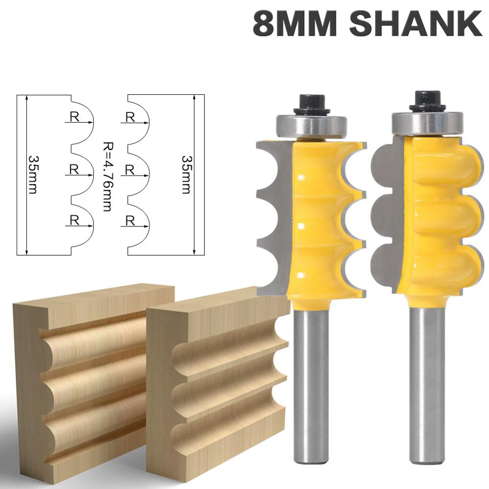 

2PC 8mm Shank Triple Bead & Triple Flute Large Molding Router Bits Set Line knife Woodworking cutter