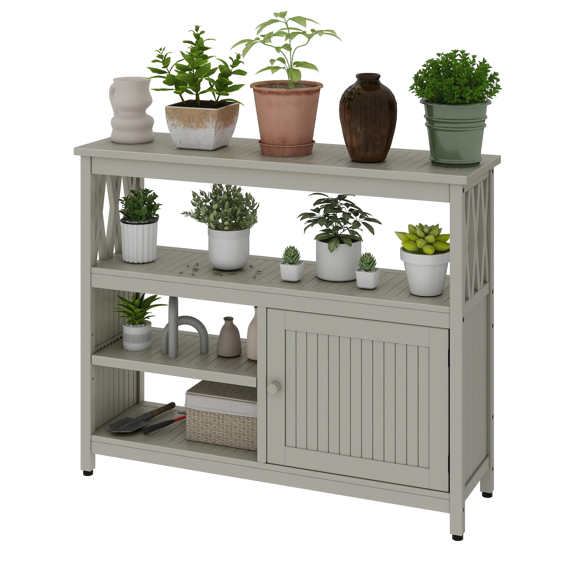 4-Tier Wood Buffet Sideboard Cabinet with Door, Patio Storage Cabinet with Adjustable Shelf, Gray
