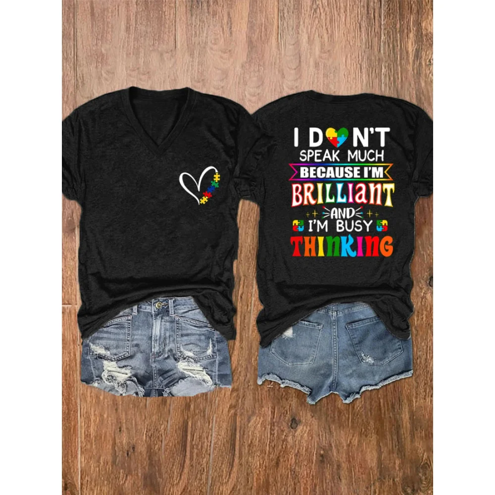 

Rheaclots Women's I Don't Speak Much Because I'm Brilliant And I'm Busy Thinking Print V-Neck Short Sleeve T-Shirt