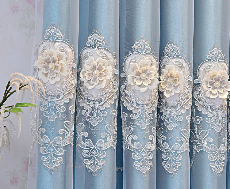 Luxurious Romantic Embossed Embroidery Sheer Curtain For Living room Bedroom Tulle Velvet Lacework Double Layer Window Drapes