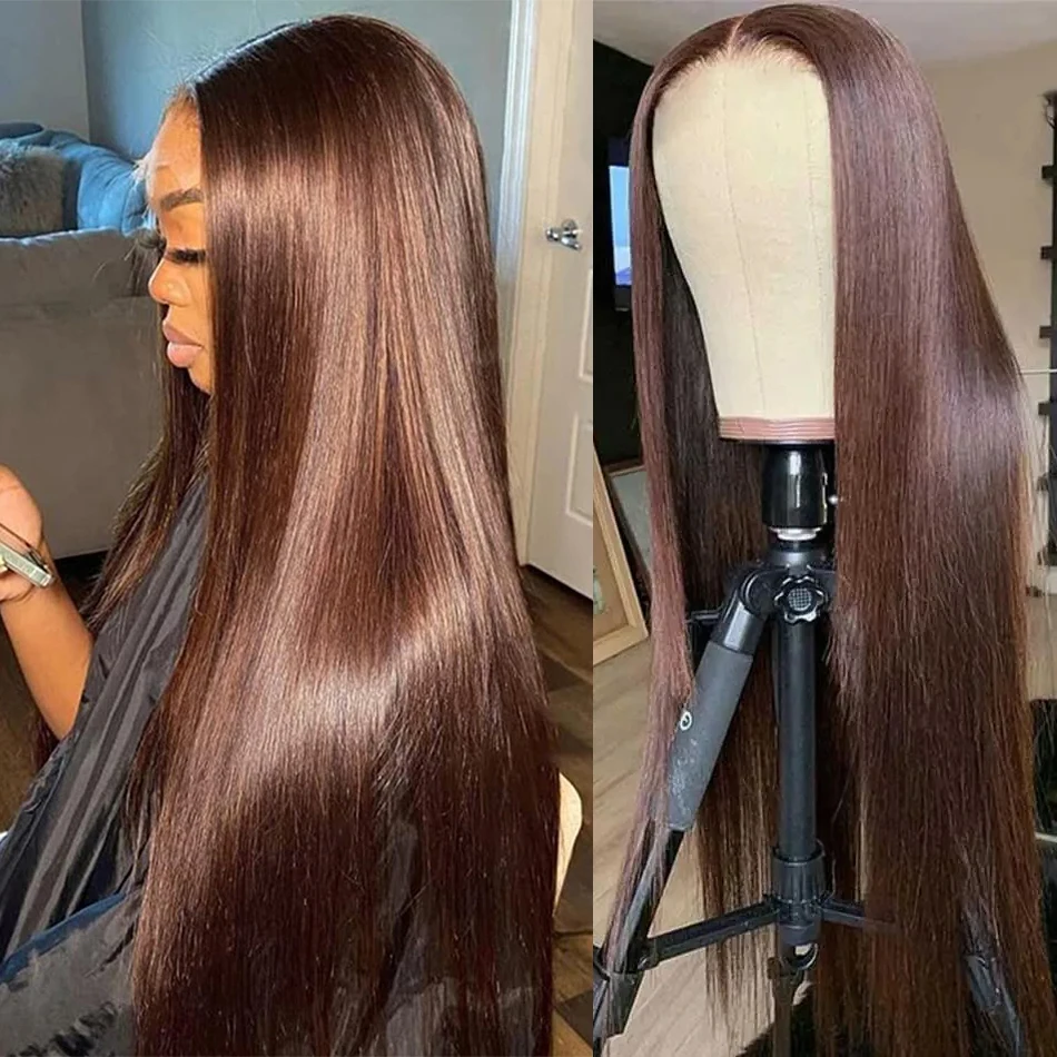 

Chocolate Brown Colored 13x6 HD Transparent Lace Front Human Hair Wigs Straight Preplucked Human Hair Frontal Wigs For Women