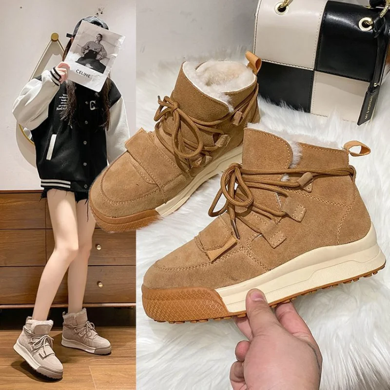 Winter New Women's Casual Fashion Thick Bottom Plush Warm Martin Boots High Top Vintage Snow Boots