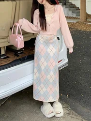 2023 Winter Japanese Sweet 3 Piece Set Women Preppy Style Y2k Kawaii Midi Skirt Suit Female Casual Plaid Skirt +Hooded Chic Tops