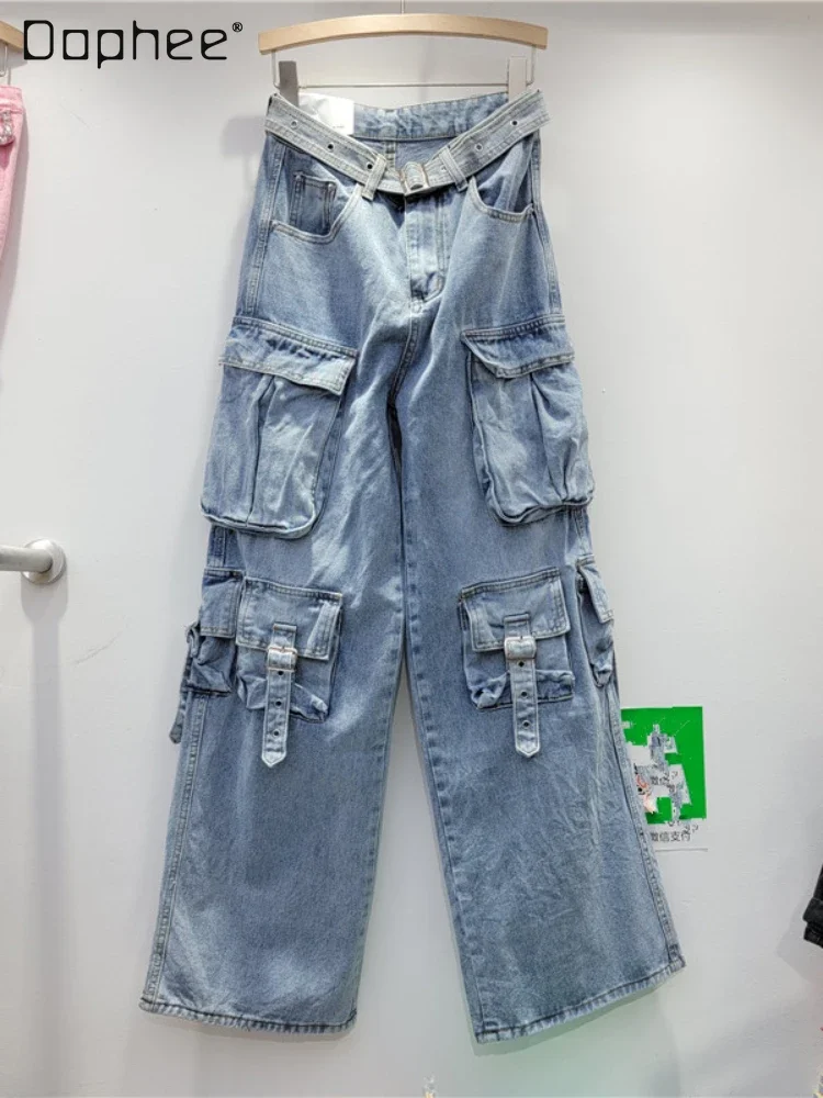 

Cargo Pants Female Fashionable Blue Washed High Waist Jeans Women Spring New Straight Loose Wide-Leg Denim Pants Baggy Jeans