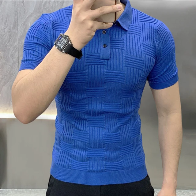 Summer Thin Ice Silk Knitted Polo Shirts Mens Elasticity Mesh Casual T  Shirt Male Short Sleeve O-Neck Slim Fit Breathable Polos