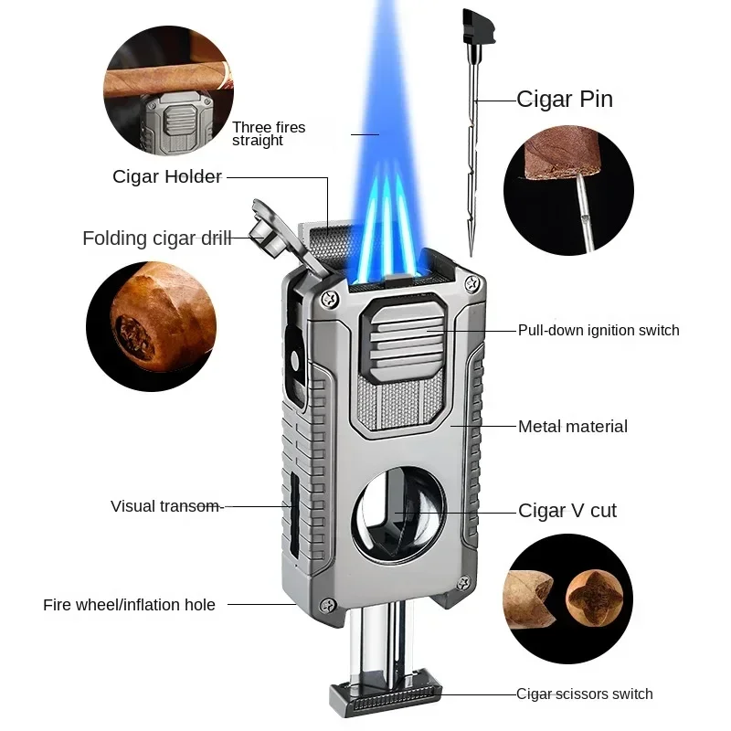 2024 Multifunctional Three-jet Flame Direct Injection Cigar Lighter with Built-in V-shaped Cigar Cutter Portable Five-in-one 3