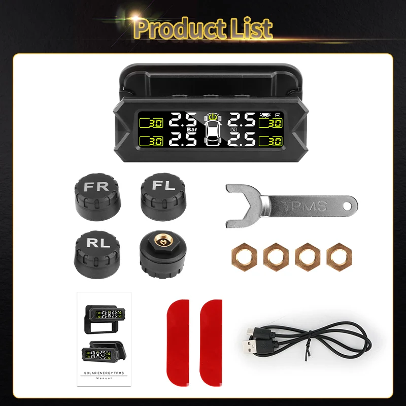 Srnubi Car TPMS Tire Pressure Alarm Monitoring System Tyre Sensor Solar Charge With Bracket 360 Adjustable IP68 Waterproof 6bar