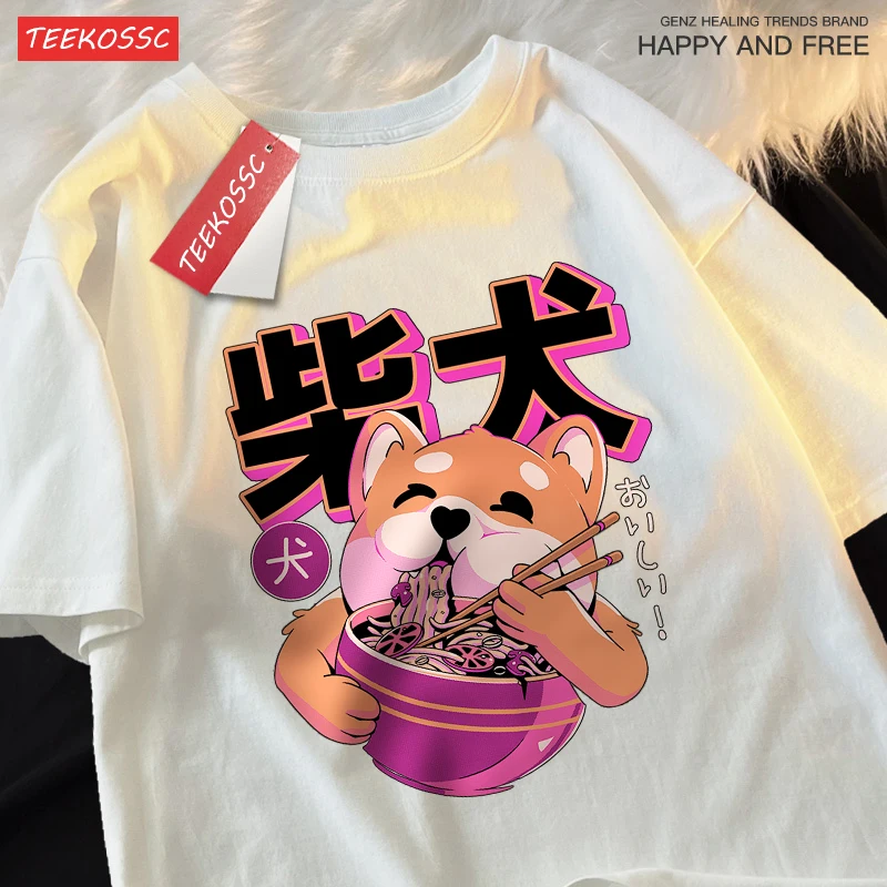 Cute Shiba Inu Eating Noodles T-Shirt Men Women Breathable Crewneck Cotton High Quality Tops Summer O-Neck Short Sleeve Male