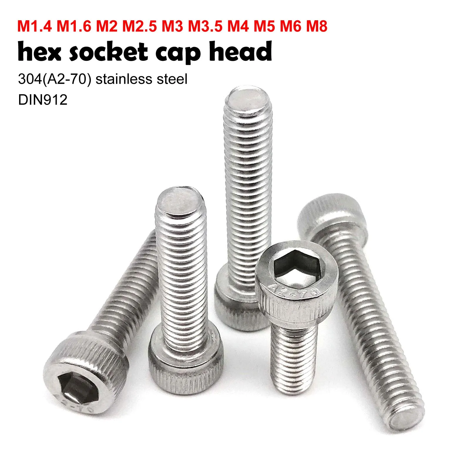 Hexagon Socket Screw M1.4 M1.6 M2 M3 M3.5 M4 M5 M6 M8 304 A2-70 Stainless Steel DIN912 Hexagon Hex Socket Cap Allen Head Bolt Screw 2-80mm