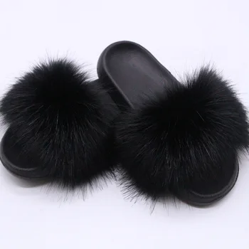 Women's  Faux Fox Fur Slides Fluffy Open Toe Slippers Indoor Outdoor Casual Flat Sandals Luxury Furry Slide Shoes for Ladies 1
