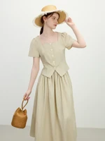 FSLE French Style Minimalist Square Collar Short-sleeved Shirt Women 2025 Summer New Arrival Top Skirt Suit 25FS12126+25FS12127