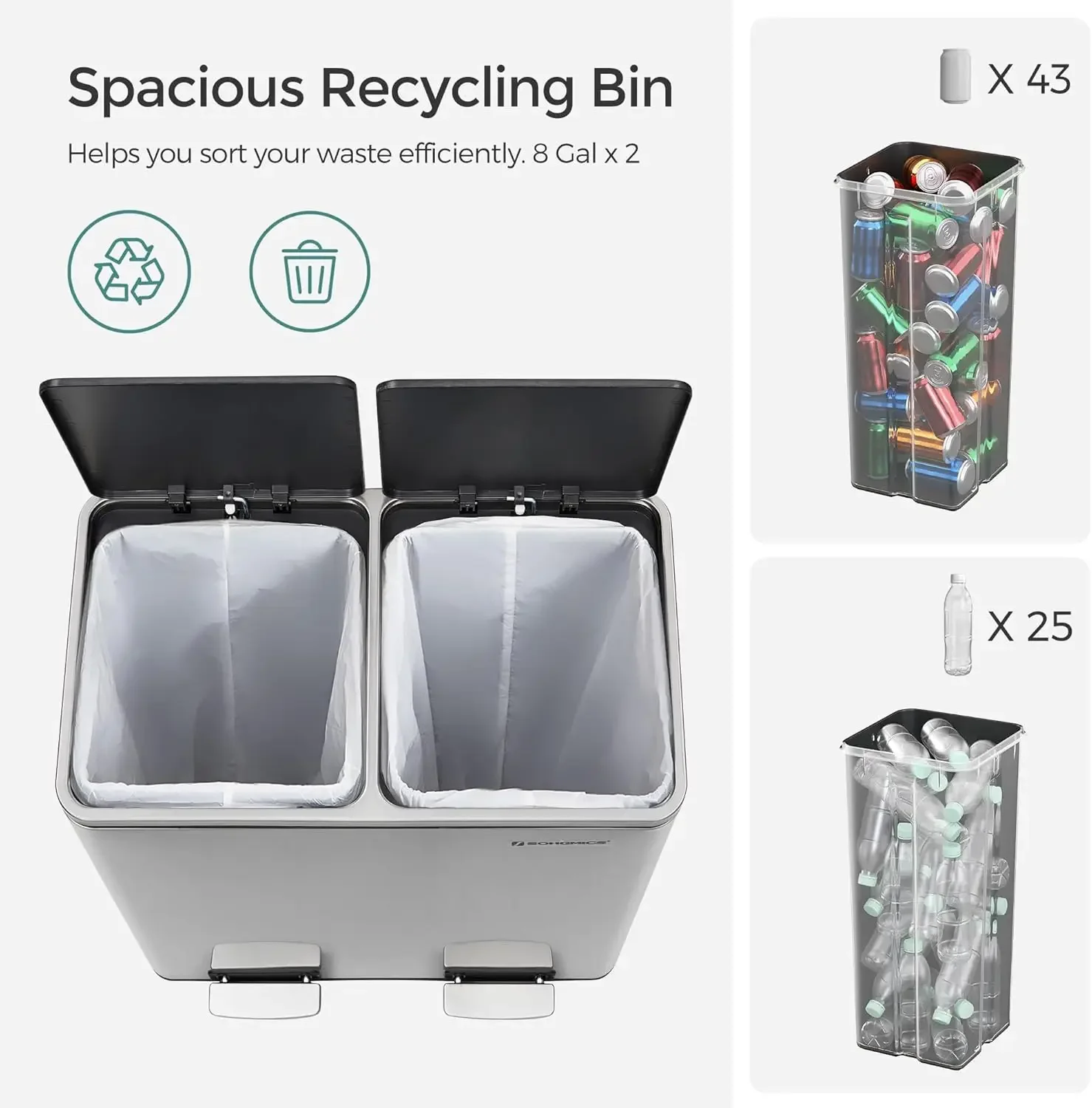 Trash Can, 2 x 8 Gallon (2 x 30 L) Garbage Can for Kitchen, with 15 Trash Bags, 2 Compartments, Plastic Inner Buckets and Hinged 6