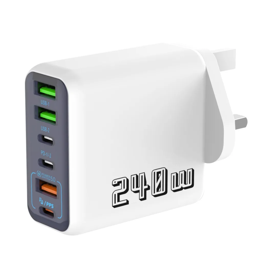 شاحن سريع بقوة 240 واط مع 6 منافذ، شاحن USB-C بتقنية PD وQC 3.0 لهواتف آيفون 15 برو وسامسونج S24، محول شحن متعدد المنافذ بتقنية PD...