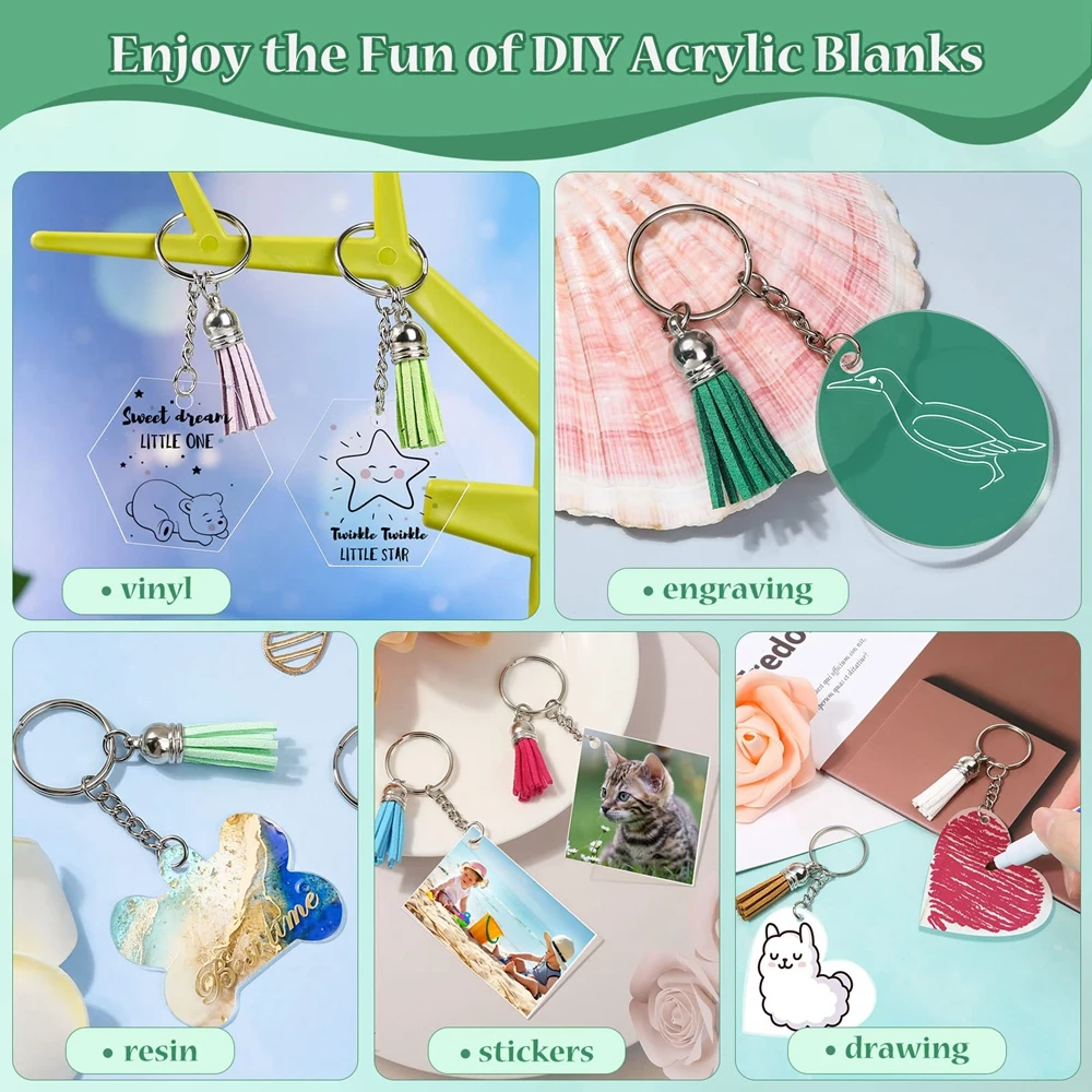 300PCS Clear Acrylic Keychain Blanks 6 Shapes Acrylic Leather Tassel Charms Key Chains Jump Rings for Vinyl Resin DIY Crafts