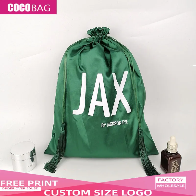 Custom Logo Green Satin Products Packaging Tassel Bag Bikini Jewelry Cosmetic Hair Wigs Extensions Gift Drawstring Storage Bags