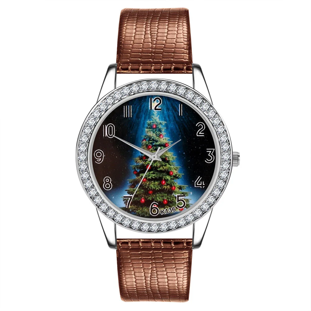 

Classic Quartz Ladies Watch Xmas Tree Design Dial Minimalist Easy to Read Analog Watch Christmas Holiday Gift for Girlfriend