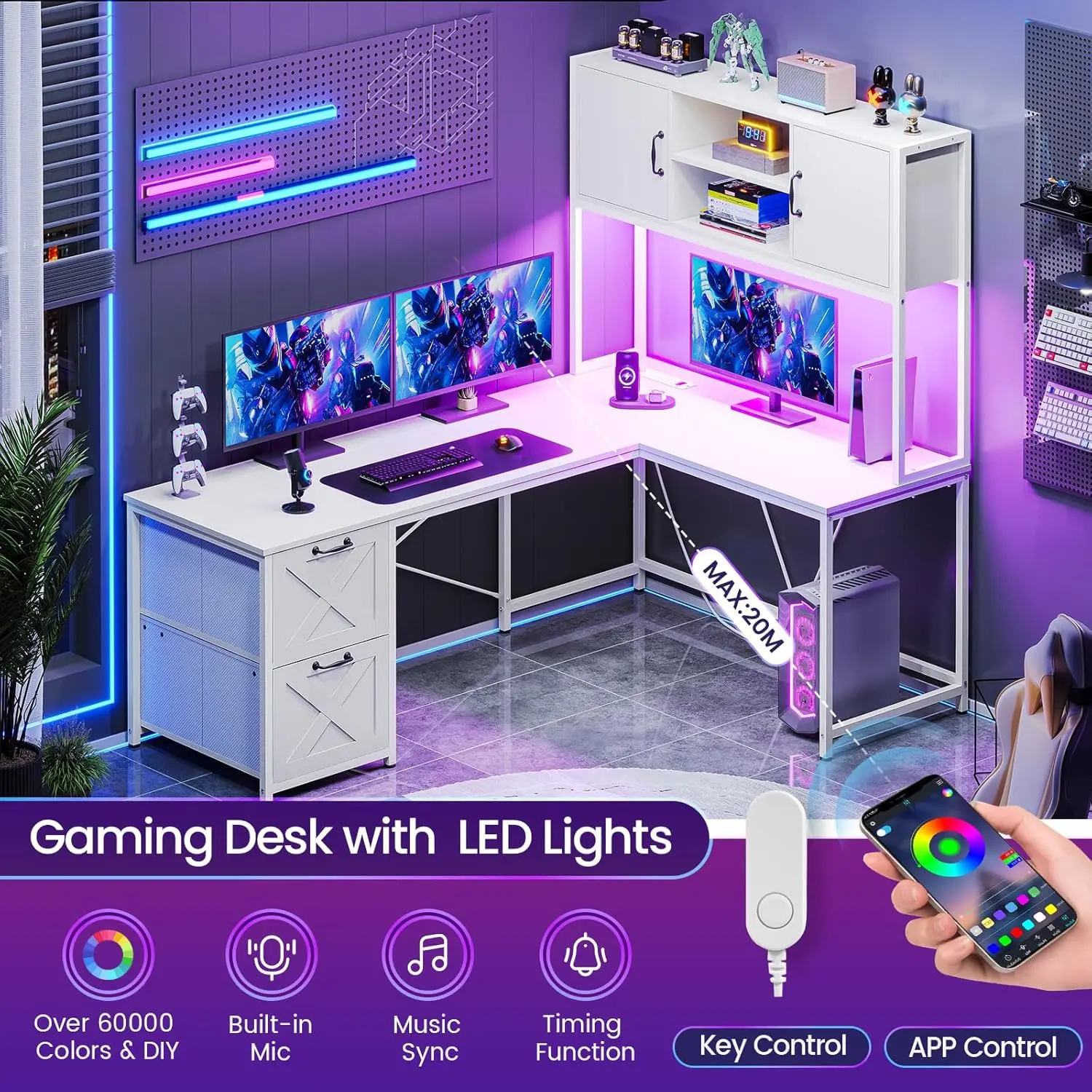 White L Shaped Office Desk, Farmhouse Home Office Desk with Fabric File Drawers and Power Outlet, Corner Gaming Desk with LED 4