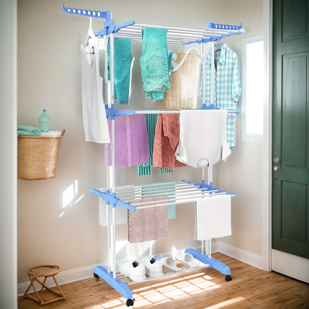 4-Tier Folding Drying Rack Clothes Drying Rack with 4 Castors Free Standing Movable Laundry Rack for Towels Clothes Shoes Linen