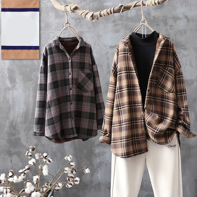 Autumn Winter Pure Cotton Plaid Y2K Tops Women Loose Casual All Match Shirt Plus Velvet Button Blusa Fashion Harajuku Outerwear