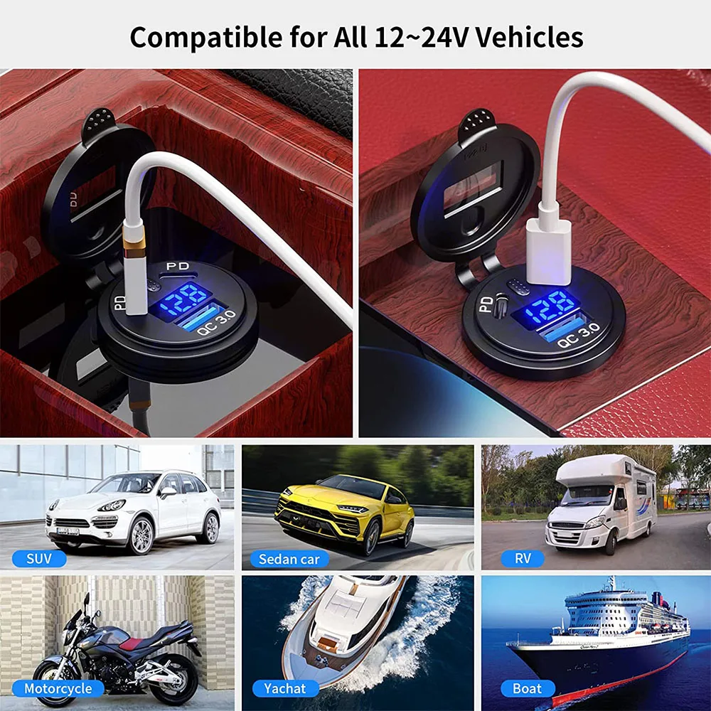 12V/24V USB Outlet 108W 3 Port Dual PD 45W USB C Car Charger Socket and  Quick Charge 3.0 USB Charger with Voltmeter Power Switch - AliExpress