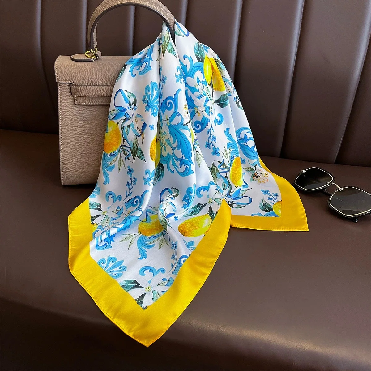 70*70cm Zitrone Druck frauen Silk Schal Luxus Kopftuch Krawatten Mode Schmücken Handtuch Weibliche Sommer Hijab Tasche bänder – Detail 8