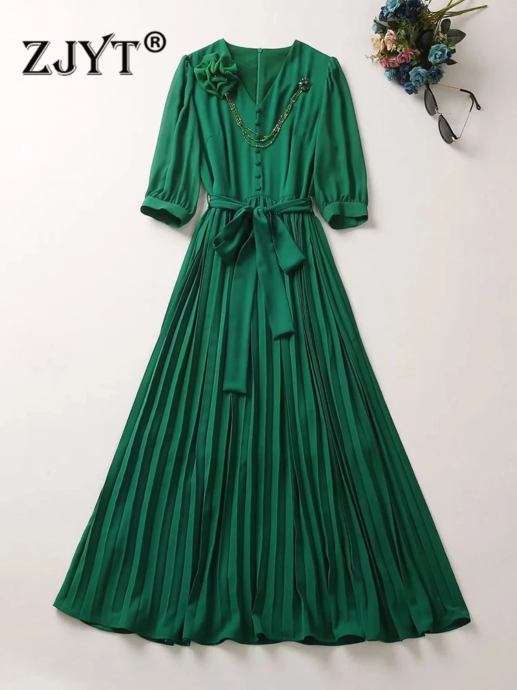 

ZJYT Runway Summer Green Long Dresses for Women 2023 Elegant Beading Floral Party Prom Vestidos Pleated Holiday Robe Femmes XXL