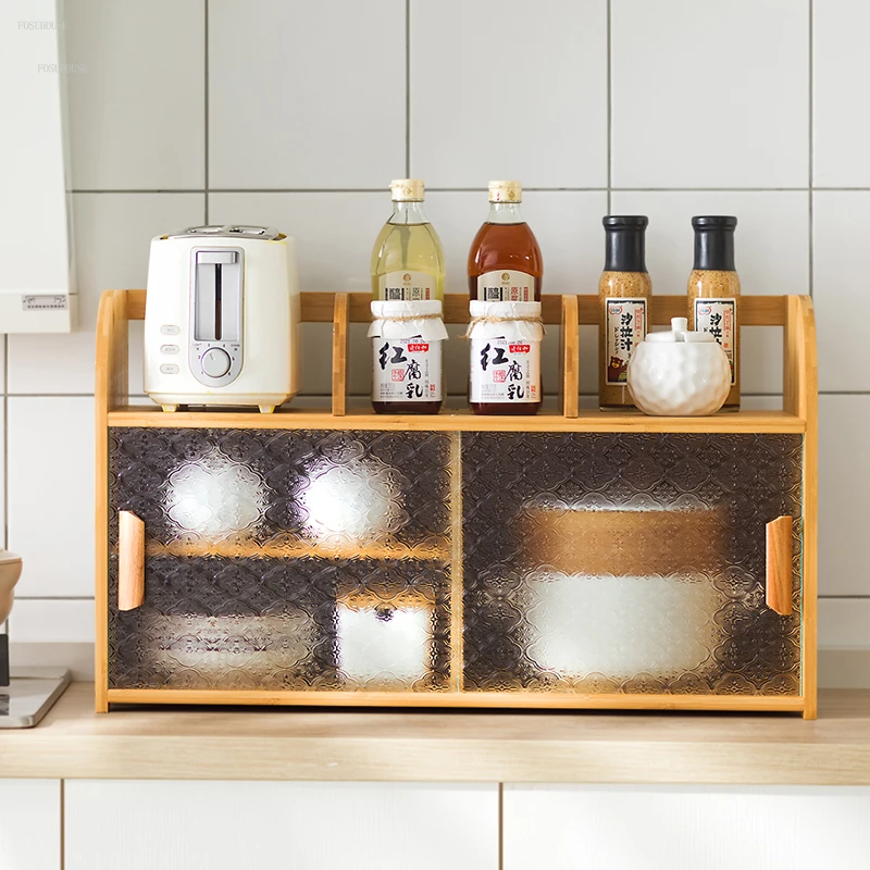 Modern Bamboo Sideboards Kitchen Storage Shelf Seasoning Dish Multi-layer Countertop Locker Simple Tableware Storage Box Shelf