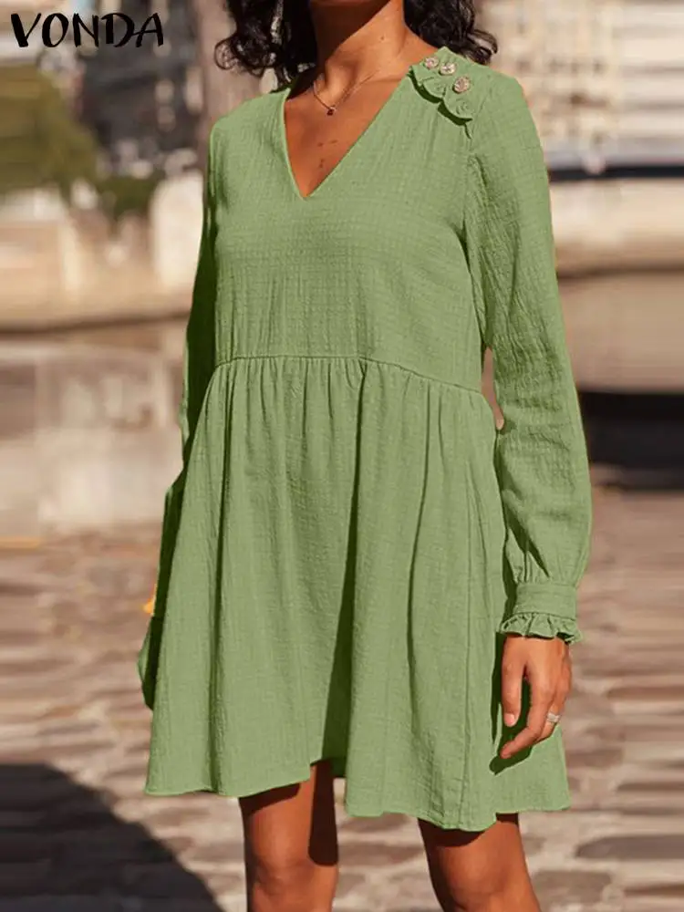 

Women Ruffled Sundress 2023 VONDA Long Sleeve Mini Dress Autumn Sexy V-Neck Loose Casual Solid Color Short Vestidos Shirt Robe