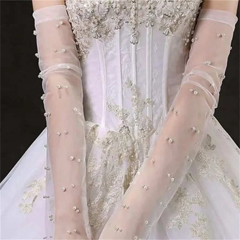 Removable Bridal Sheer Tulle Gloves DIY Long Wedding Gloves for Bride Ivory Pearls Decoration Fingerless