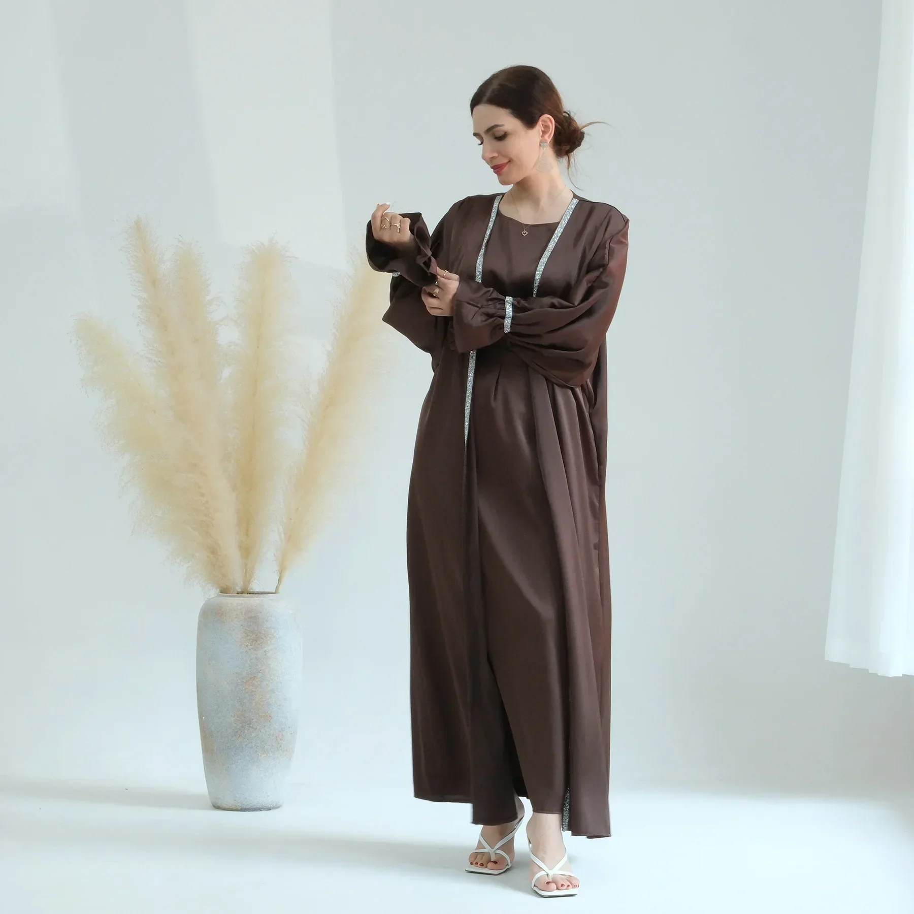 2 Piece Satin Abaya Set Muslim Open Abayas for Women Dubai Elegant Turkey Kimono + Inner Dress African Islamic Matching Outfit