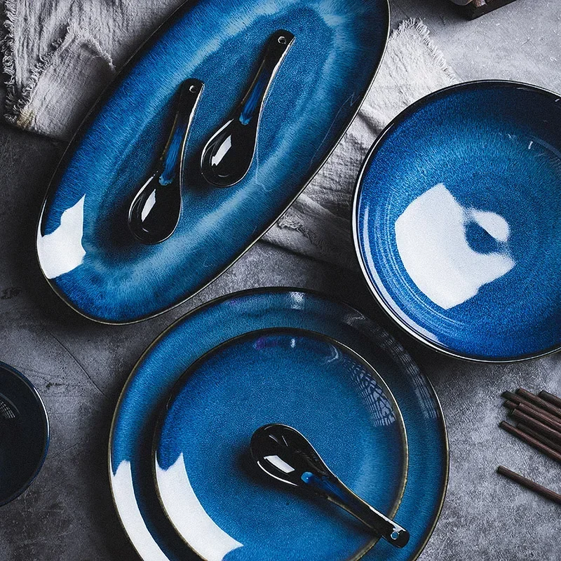 Japanese Blue Kiln Change Ceramic Tableware American Tableware Retro Household Dishes Set Rice Bowl Dishes Restaurant Plate