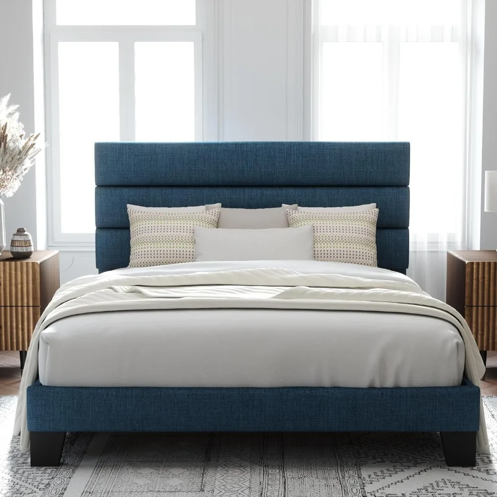 

Platform Bed Frame with Fabric Upholstered Headboard and Wooden Slats Support, Fully Upholstered Mattress Foundation
