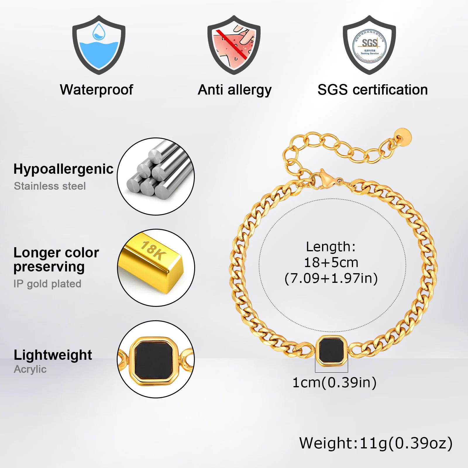 Fashion Chic Square Acrylic Charm Bracelet, Silver Gold Color Stainless Steel Twist Chain Bracelet, Minimalist Jewelry for Men