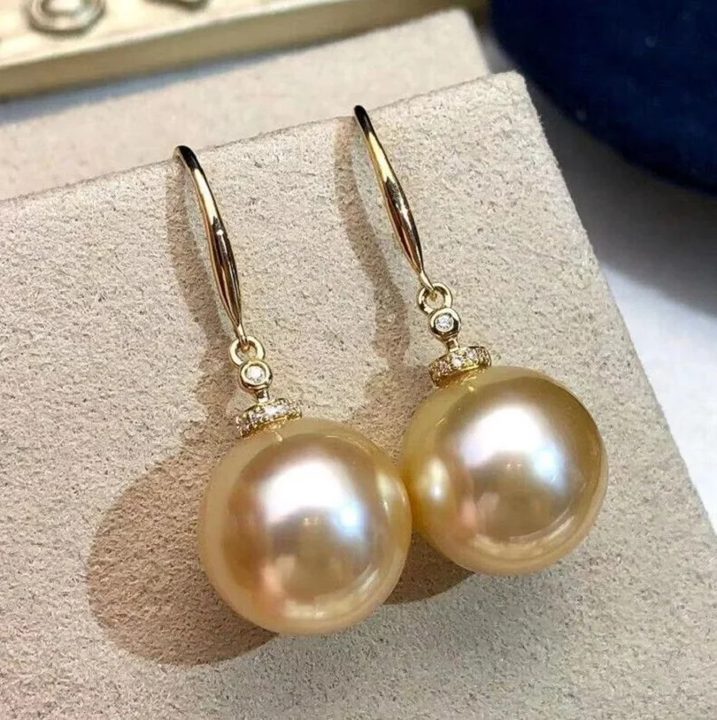 

Gorgeous Giant AAAAA 10-11mm Round South China Sea Gold Pearl Earrings 925S