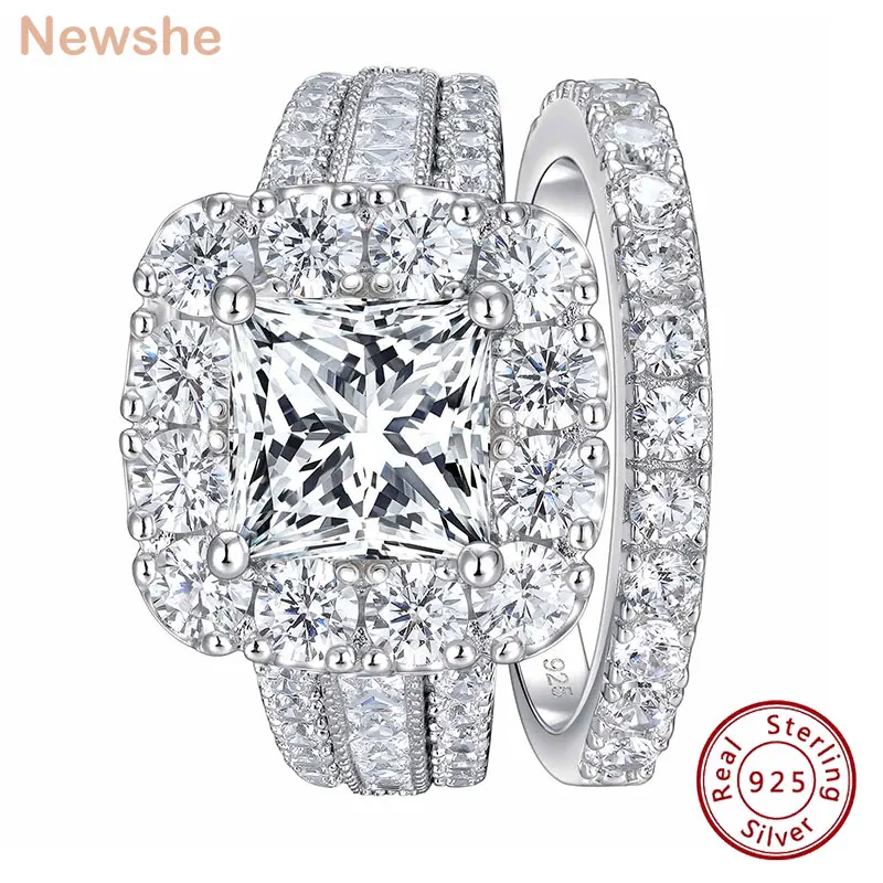 

Newshe Solid 925 Silver Halo Princess Cut AAAAA Cubic Zircon Vintage Wedding Rings Set for Women Bridal Engagement Ring